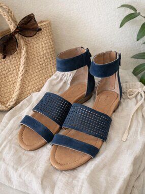 Tahari Blue Suede Perforated Ankle Strap Sandals Size 8